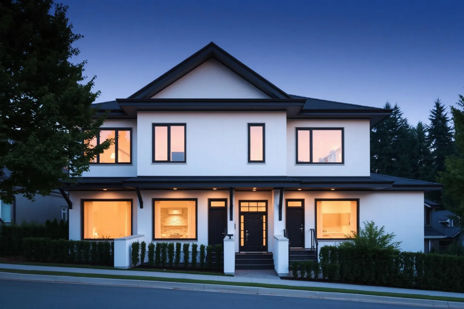 Completed multiplex townhomes at dusk in Metro Vancouver and the Fraser Valley