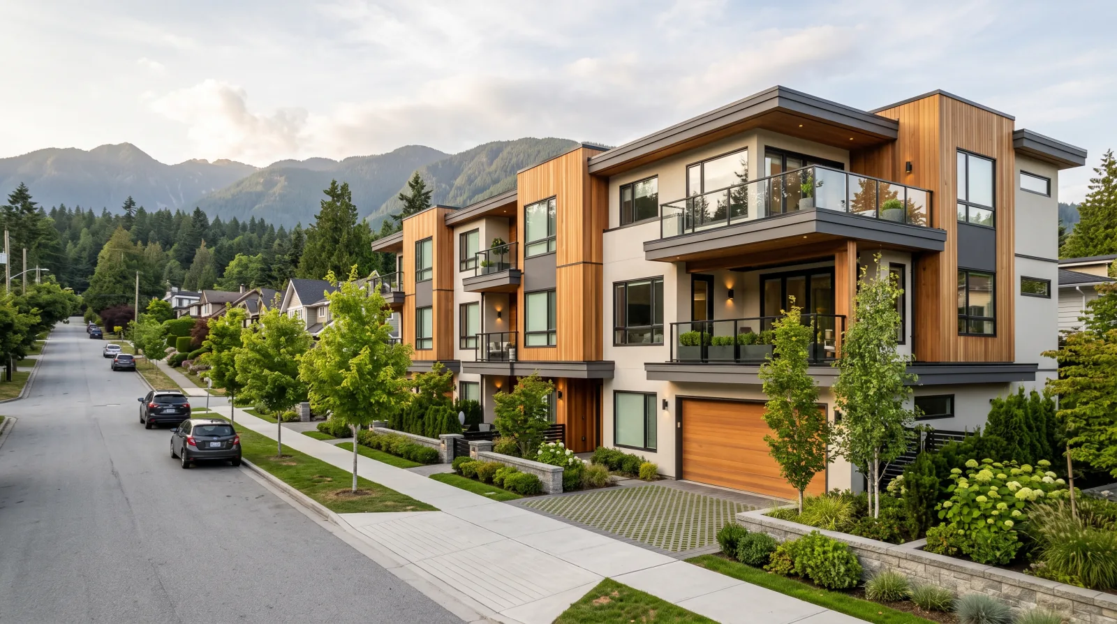 A modern ground-oriented multiplex on a Westview street in the City of North Vancouver, with the North Shore mountains behind